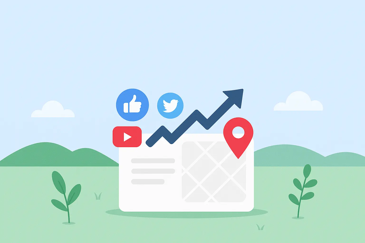 Icone dei social media accompagnate da un grafico di crescita