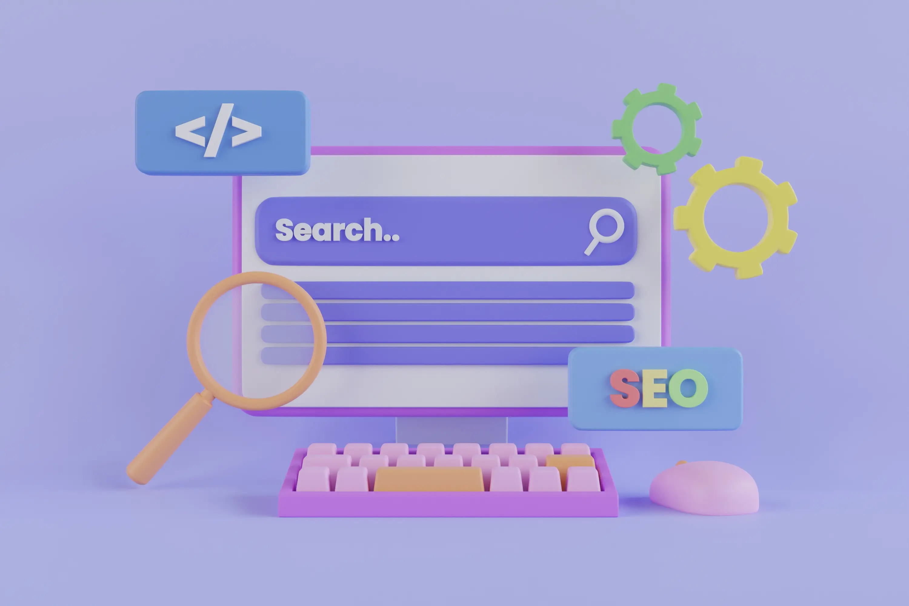 Ilustração 3D de ferramentas de busca SEO