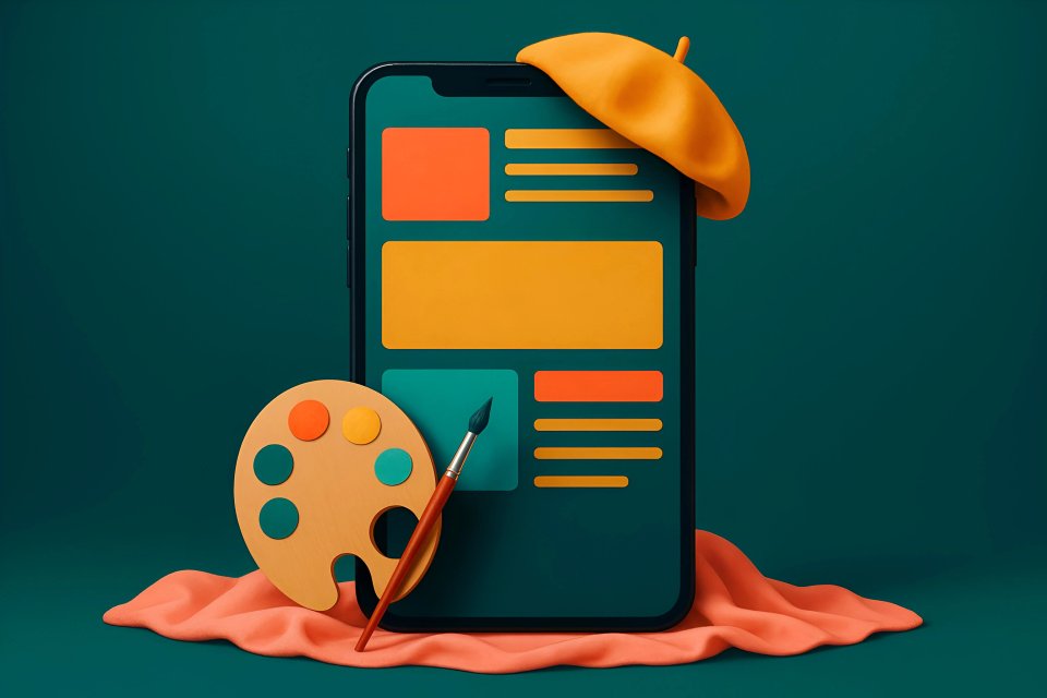Smartphone med konstmaterial och färgstarka detaljer