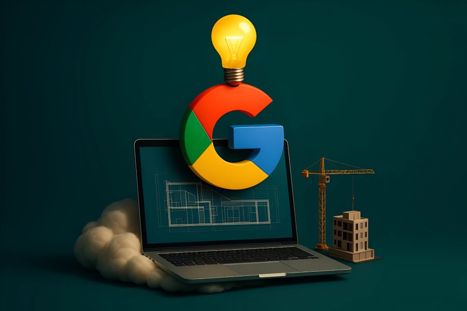 Google-logotyp med bärbar dator och byggverktyg